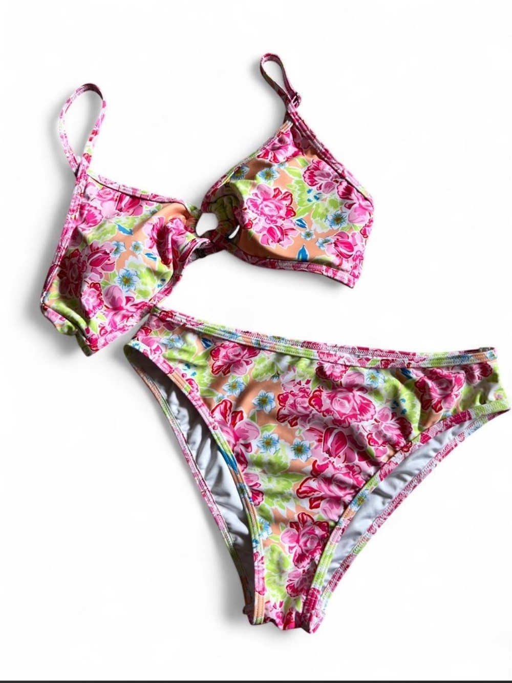 Pink Floral Active Swim Top with Multicolor Print High Waist Bottoms NWOT